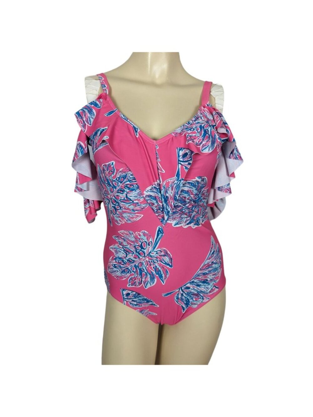 Nicole Miller One piece Leaves print pink blue cold shoulder ruffled Swimsuit S - Picture 2 of 13